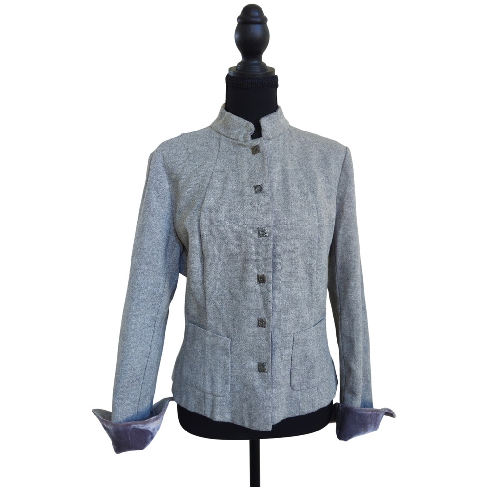 Regencycore Linen Blazer M Gray Velvet Trim Mock Neck Filigree Twee Mary Poppins